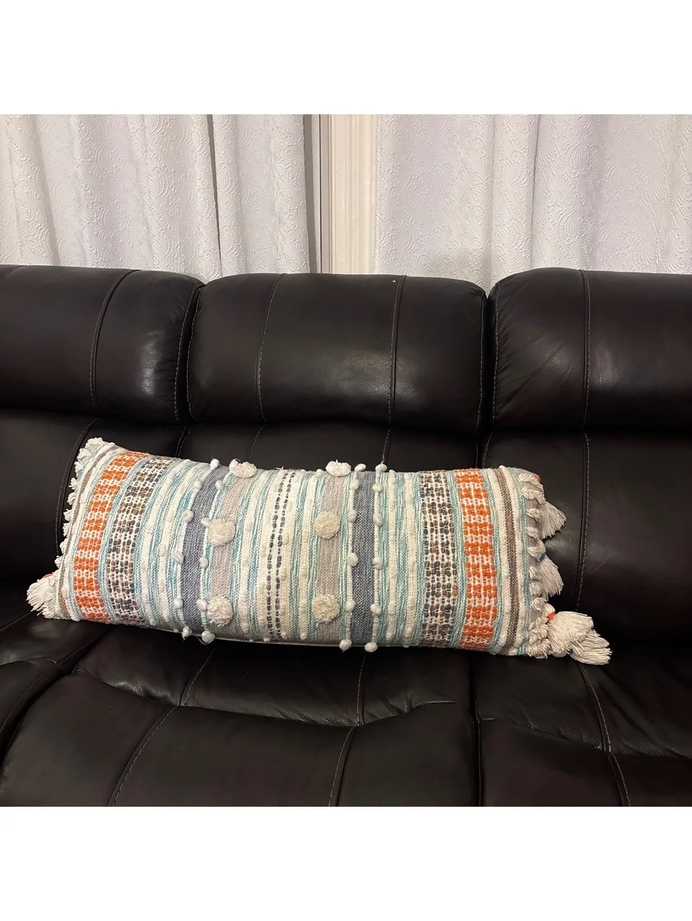 Boho Lumbar Throw Pillow with Tassels | Woven Textured Accent Pillow | 32” x 12”